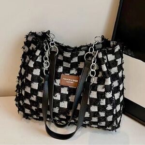Chic Black and White Checkered Denim Shoulder Bag